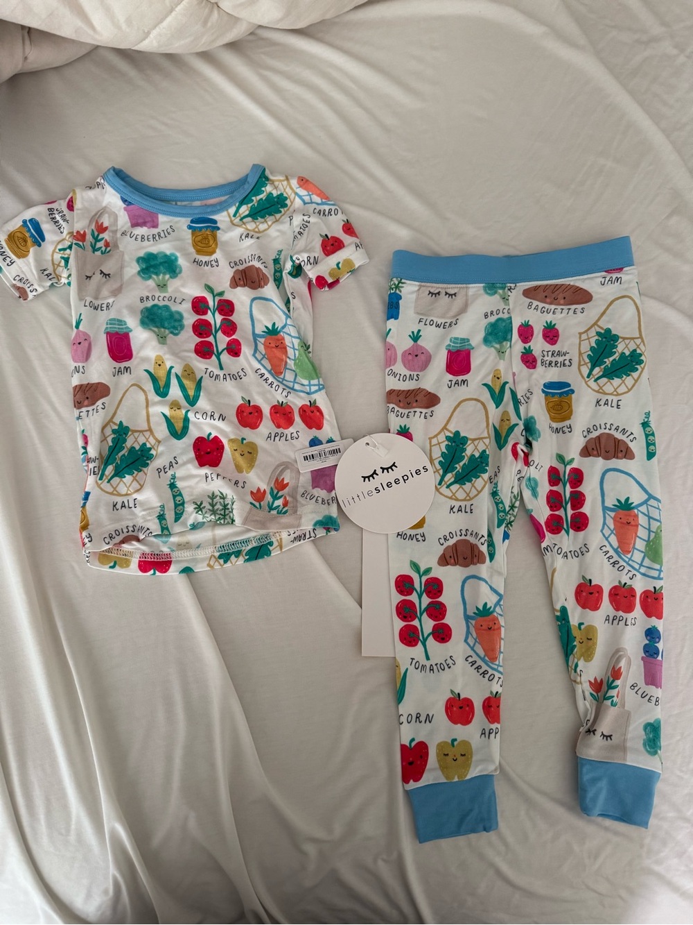 Little Sleepies White Vegetable & Fruit Print Pajama Set with Blue Trim